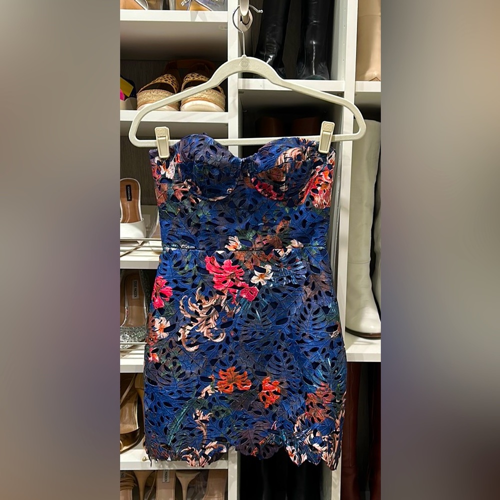 Strapless Floral Print Lace Mini Dress